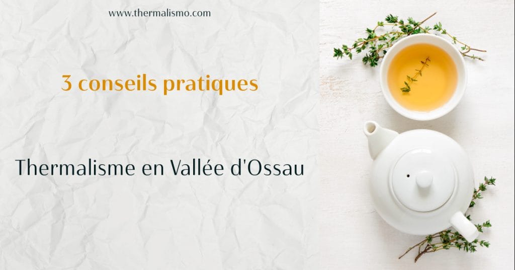 Image avec texte '3 conseils pratiques' en orange. Titre 'Thermalisme en Vallée d'Ossau' en noir. Image d'une théiÚre blanche et d'une tasse de thé sur fond texturé blanc. Site web: www.thermalismo.com