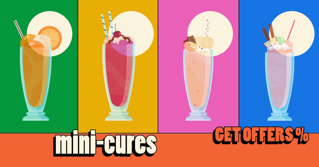 Image divisée en quatre sections colorées, chacune montrant un milkshake différent. Texte : 'mini-cures', 'GET OFFERS %