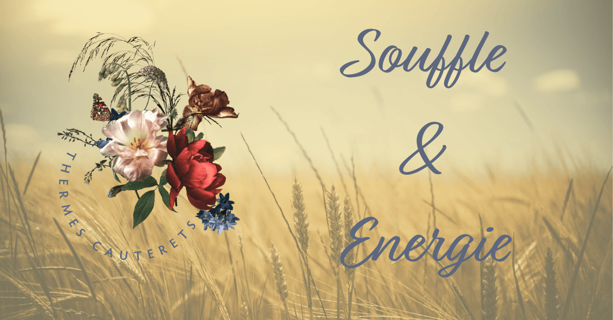 Image avec texte : 'Souffle & Énergie', 'THERMES CAUTERETS'. Image d'un champ de blé avec un bouquet de fleurs superposé.