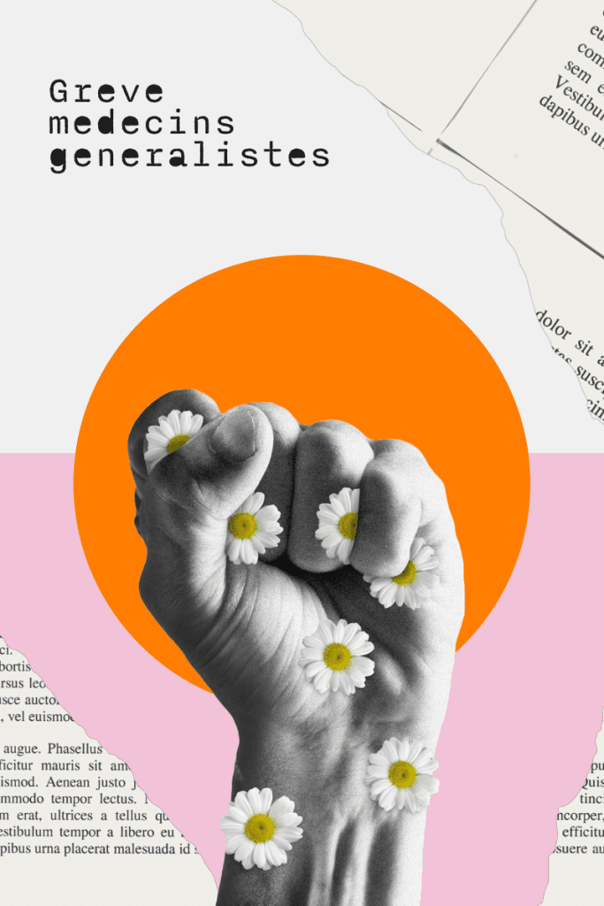 Image avec le texte ‘Grève médecins généralistes’ sur un fond découpé avec une main en noir et blanc tenant des marguerites.