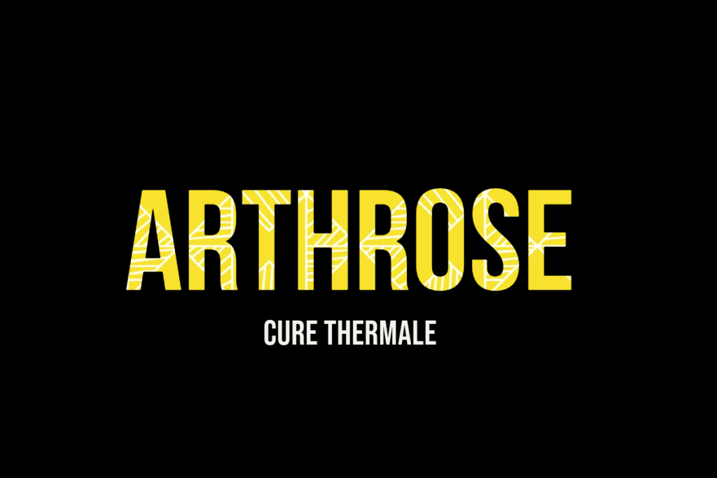 Texte 'ARTHROSE' en grandes lettres jaunes avec un motif de lignes blanches et 'CURE THERMALE' en blanc, sur un fond noir uni.