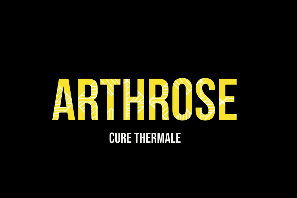 Texte 'ARTHROSE' en grandes lettres jaunes avec un motif de lignes blanches et 'CURE THERMALE' en blanc, sur un fond noir uni.