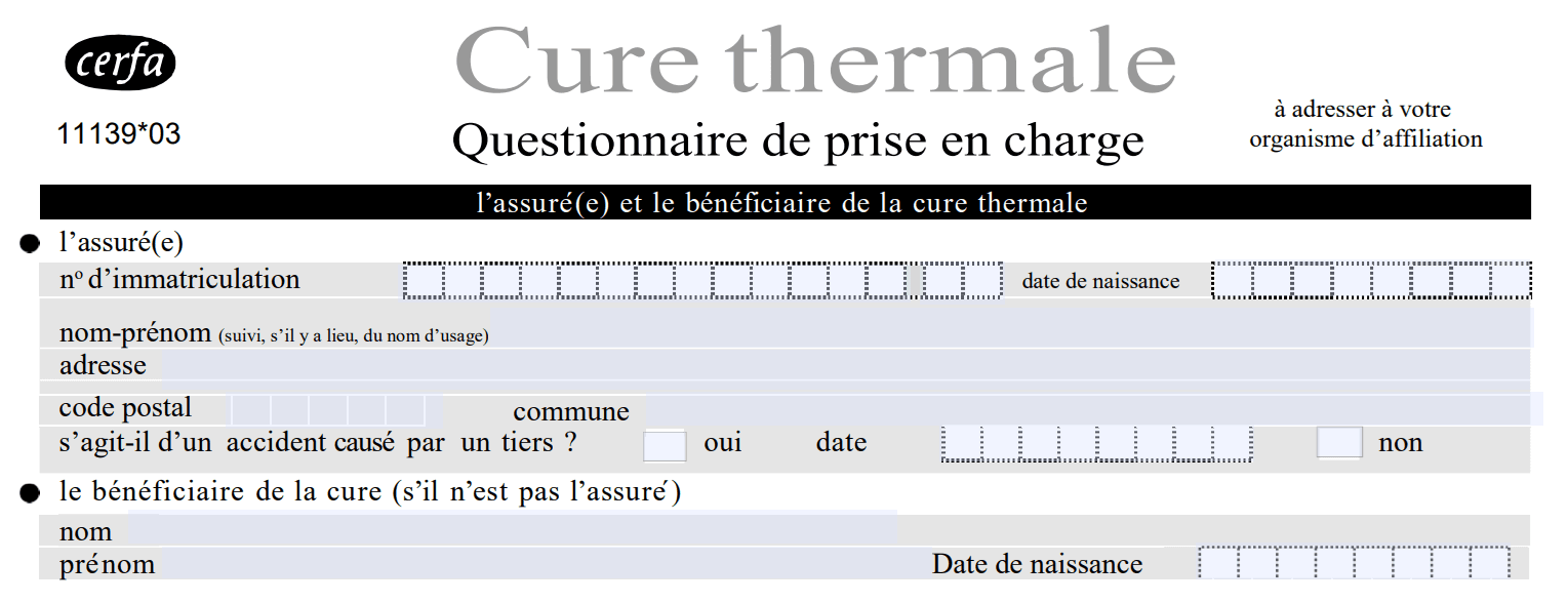 En-tête du formulaire administratif CERFA 11139*03 pour une demande de prise en charge de cure thermale, indiquant le titre et l'organisme destinataire. Comprend également le début de la section d'identification de l'assuré et du bénéficiaire.