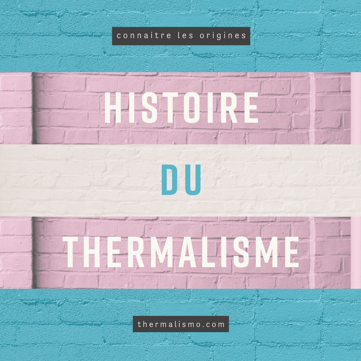 Image sur l'histoire du thermalisme avec le texte 'Histoire du Thermalisme' réparti sur des bandes rose et blanche, sur un fond de mur de briques bleu. Texte additionnel : 'connaitre les origines' et 'thermalismo.com'.