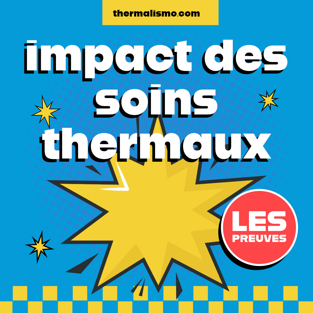 Image de style pop art sur l'impact des soins thermaux. Texte : 'impact des soins thermaux', 'LES PREUVES', 'thermalismo.com'. Fond bleu vif avec motif à carreaux et à pois, une étoile jaune 'explosion', et un cercle rouge.
