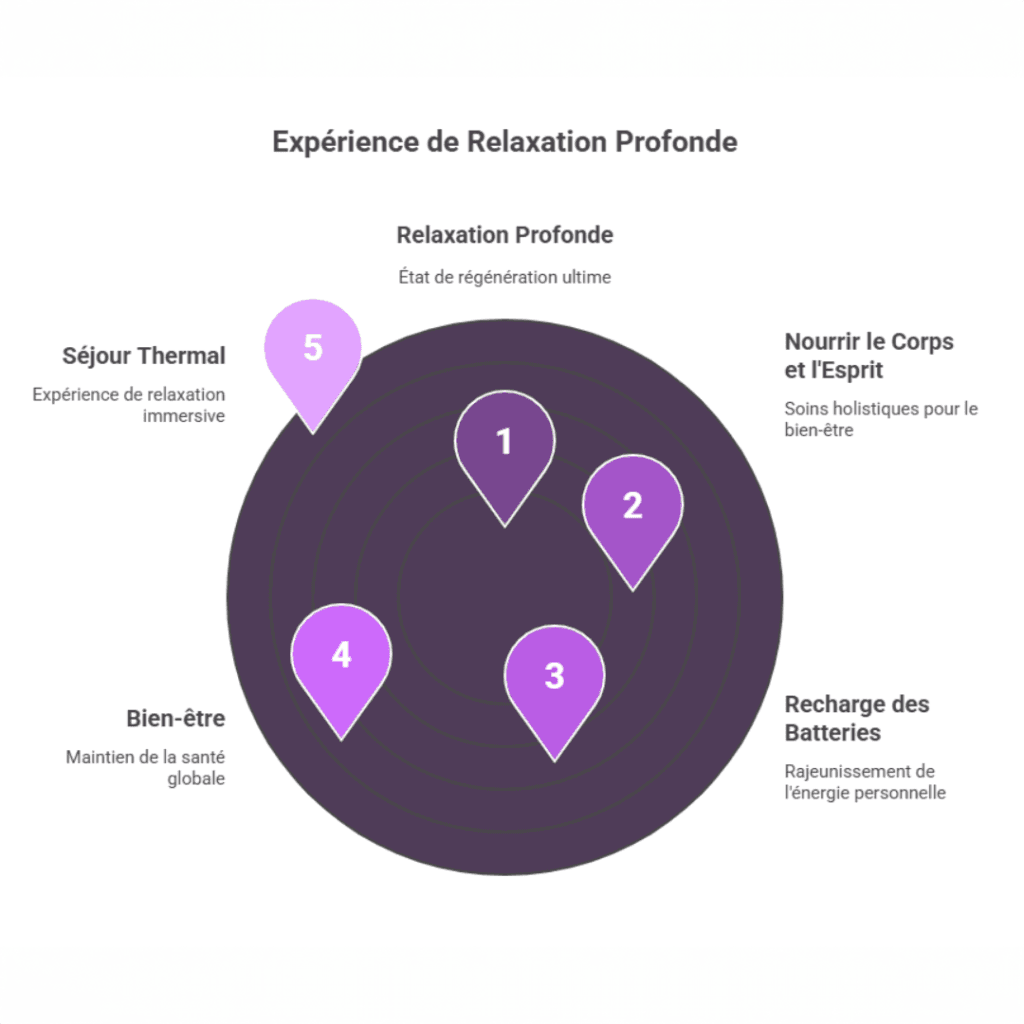 Infographie présentant un schéma circulaire des 5 étapes de l'Expérience de Relaxation Profonde, avec le 'Séjour Thermal' comme point de départ. Une explication visuelle par thermalismo.com des bénéfices holistiques [11] d'une cure.