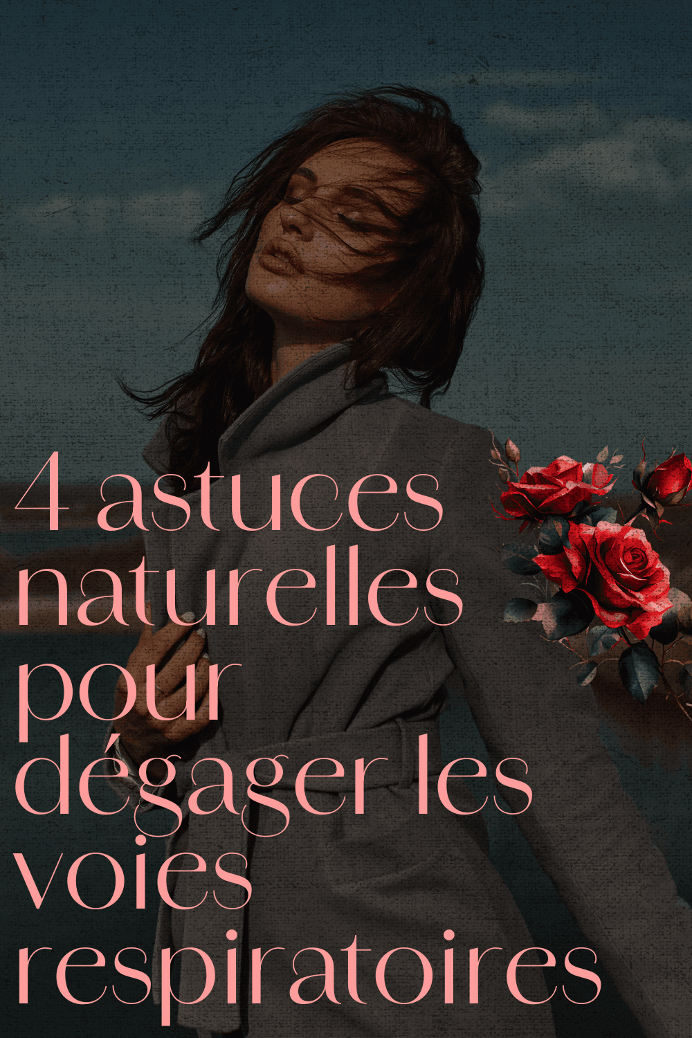 Photo stylisée d'une femme profitant de l'air frais au bord de l'eau. Le texte '4 astuces naturelles pour dégager les voies respiratoires' est superposé, illustrant comment thermalismo.com offre des conseils de bien-être complet [11] pour accompagner une cure thermale.
