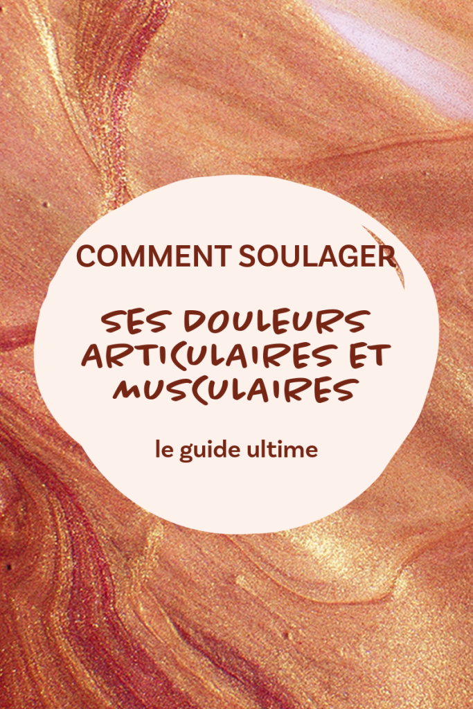 Image de style pin avec un fond texturé doré et cuivré. Au centre, un texte annonce 'le guide ultime' pour 'soulager ses douleurs articulaires et musculaires', une ressource essentielle de thermalismo.com pour les personnes souffrant de maladies chroniques comme l'arthrose.