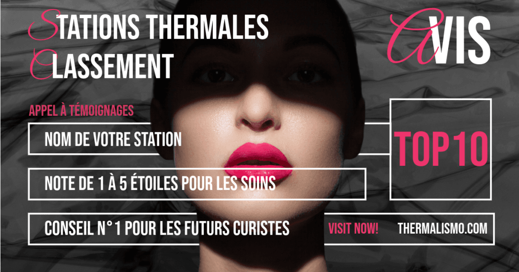 Visuel de type magazine avec un gros plan sur un visage de femme, pour un appel à témoignages demandant le nom de la station, une note pour les soins et un conseil pour les futurs curistes.