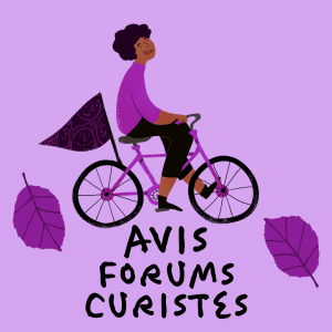 Illustration d'une femme souriante à vélo avec un drapeau, pour un article sur les avis des forums de curistes.