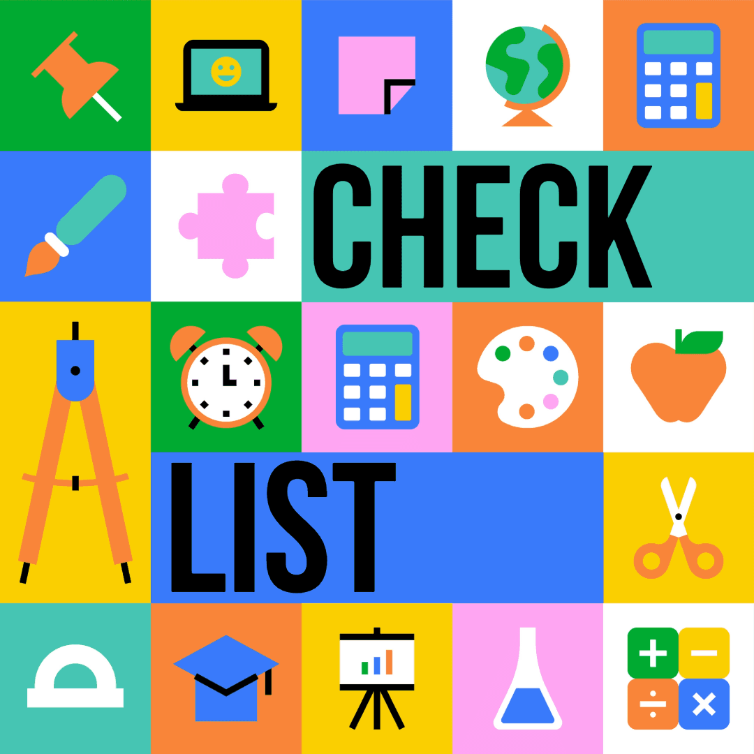 Image colorée de style mosaïque avec des icônes de préparation et d'organisation (punaise, compas, calculatrice), et le texte "Check-list" au centre, pour illustrer une liste de choses à faire avant de partir en cure thermale.