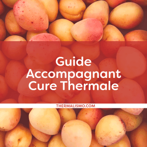 Photo d'abricots frais avec un bandeau rouge superposé contenant le titre "Guide Accompagnant Cure Thermale" pour le site thermalismo.com