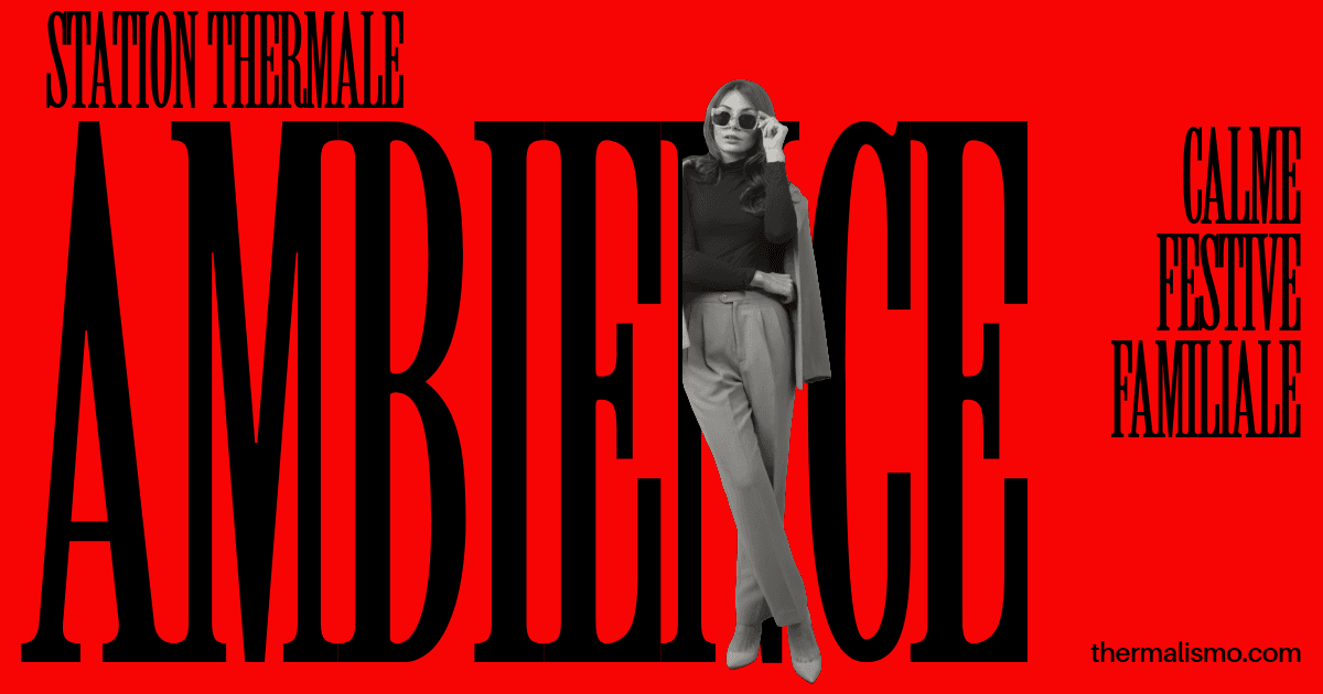 Visuel de style éditorial avec le mot "AMBIANCE" en très grand sur fond rouge. Une femme à la mode est intégrée dans le lettrage. La liste verticale propose les choix : calme, festive, familiale.