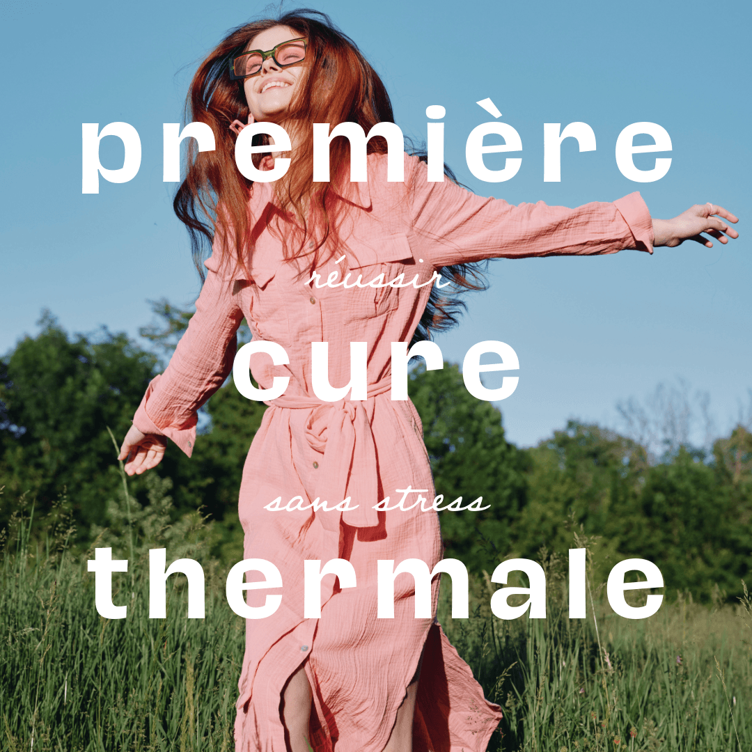 Femme rousse joyeuse sautant dans un pré, illustrant comment "réussir" sa "première cure thermale" sans stress.