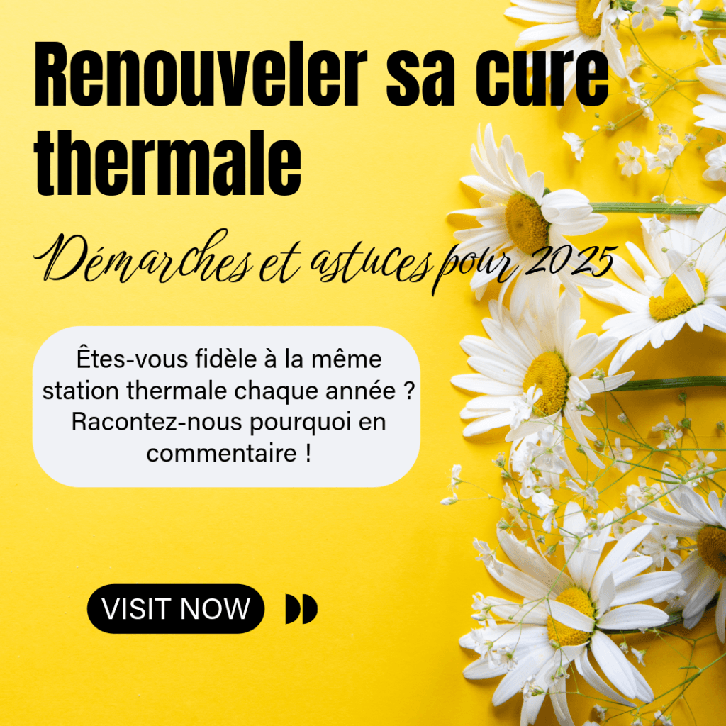 Marguerites blanches sur un fond jaune vif, illustrant un guide sur les démarches et astuces pour renouveler sa cure thermale en 2025, avec une invitation à commenter.