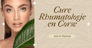 Gros plan sur le visage d'une femme tenant une feuille verte humide, pour un article sur la "Cure Rhumatologie en Corse" avec des avis et options.