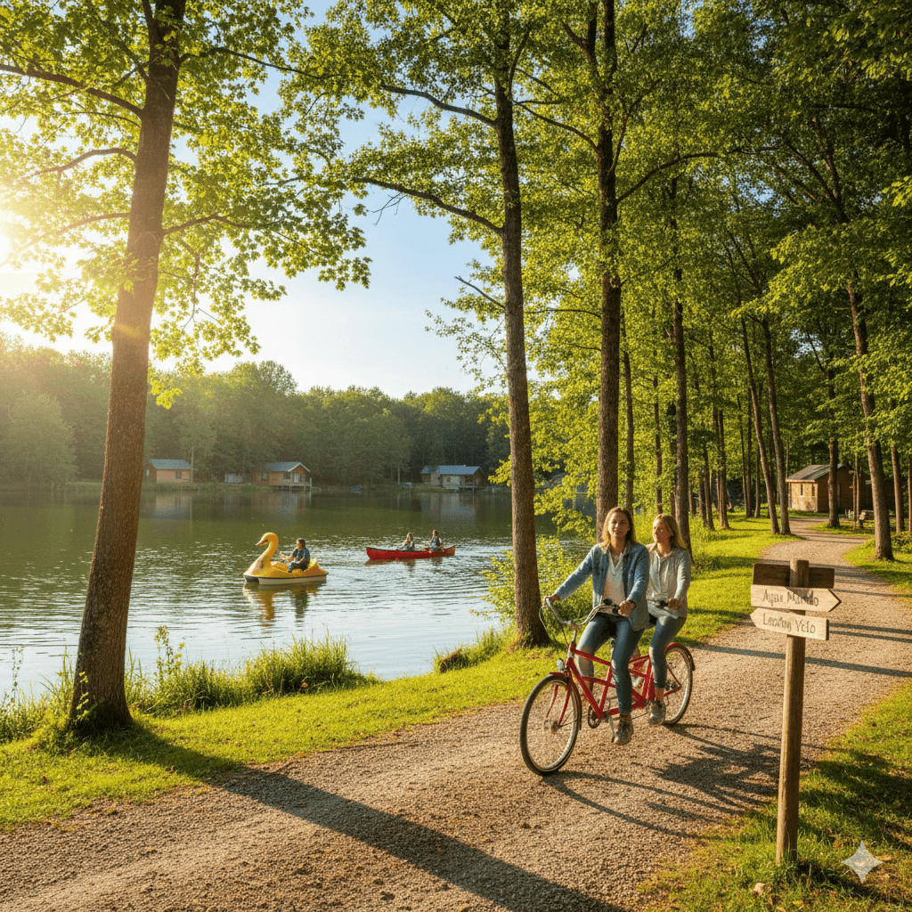 Deux femmes souriantes faisant du tandem sur un chemin ensoleillé au bord d'un lac, avec d'autres personnes faisant du pédalo et du canoë en arrière-plan. La scène illustre les activités de loisirs dans un cadre naturel près d'une station thermale.