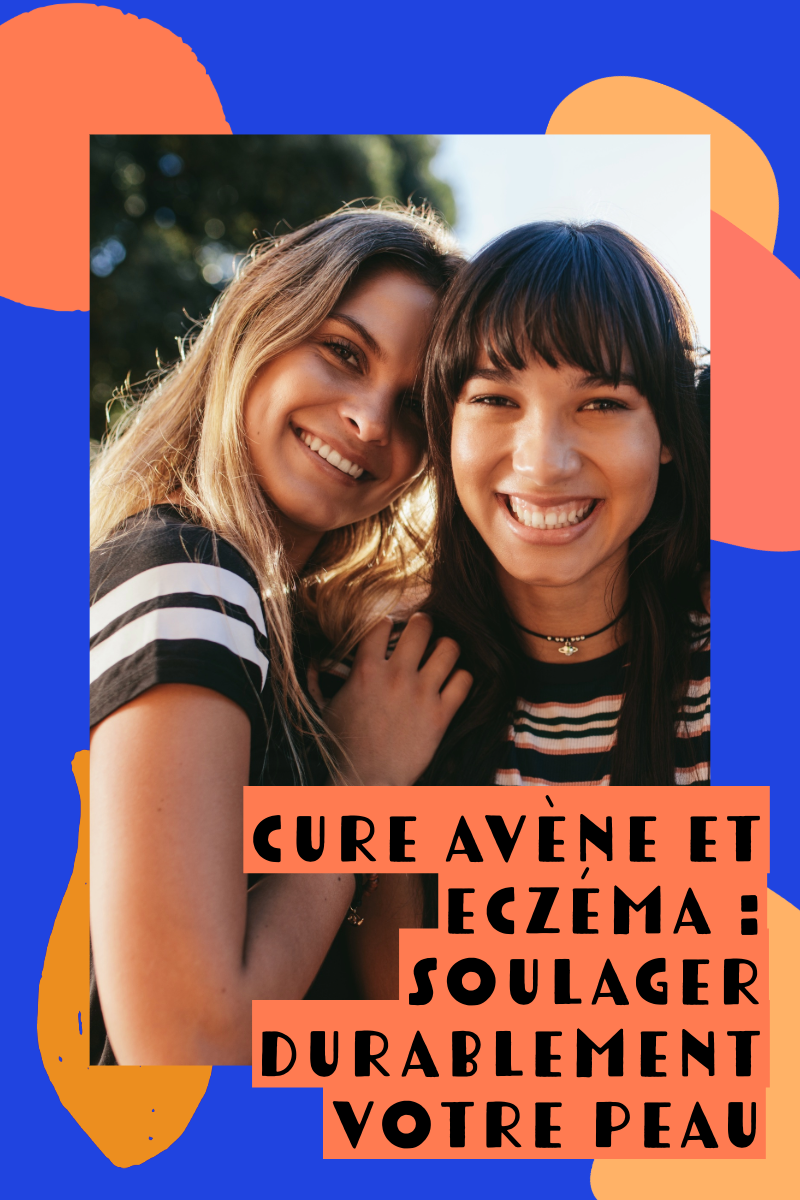 Deux jeunes femmes souriantes au soleil, sur un fond graphique bleu et orange. Le texte indique : "Cure Avène et eczéma : soulager durablement votre peau".