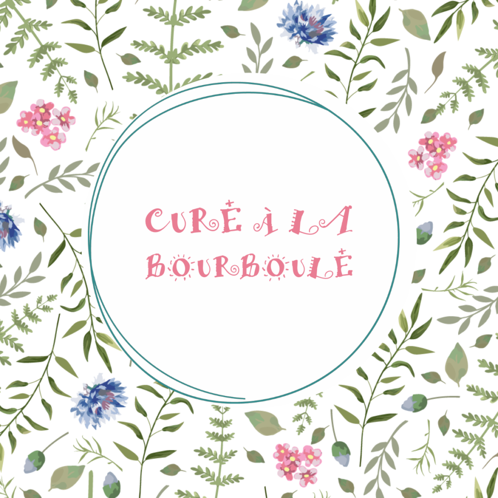 Illustration d'un motif floral délicat avec des feuilles vertes, des fleurs roses et des bleuets sur fond blanc. Au centre, un cercle blanc encadré d'un fin trait bleu-vert contient le texte "Cure à La Bourboule" en lettres roses cursives et fantaisistes.